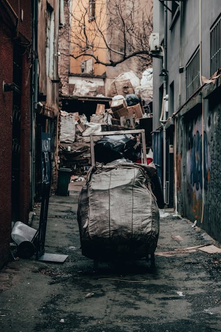 A black wheeled rubbish bin positioned on a sidewalk in a residential area at night, with the label 'ST. JOHN'S' on its side. The bin is partially open, revealing a mix of cardboard boxes, paper, and